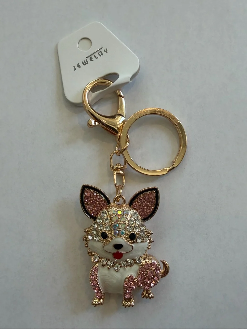 NWT Rhinestone Corgi Dog Keychain Bag Charm Pink Gold